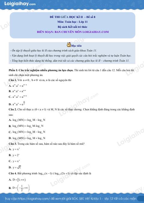 Đề thi giữa kì 2 Toán 11 Kết nối tri thức - Đề số 8